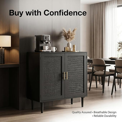 Finnhomy Sideboard Buffet Kitchen Storage Cabinet with Black Painted Rattan Decorated Doors, Dining Room, Hallway, Cupboard Console Table, Liquor/Accent Cabinet, 31.5X 15.8X 34.6 Inches, Black