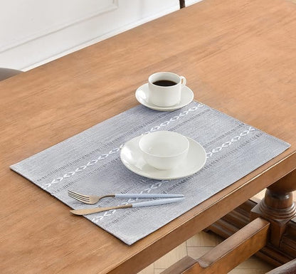 Wracra Cotton Linen Place Mats, Grey Embroidered Placemats Set of 4 | Placemats 12 x 18 Inch; Cotton Linen Woven Fabric; Heat Resistant Table Mats; Raised Embroidered Hollow Design