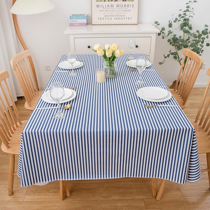 LIBERECOO Vinyl Tablecloth with Flannel Backing, Blue Stripe 60 x 84 Inch Rectangluar Tablecloths Stain-Resistant Waterproof Plastic Table Cover for Indoor/Outdoor