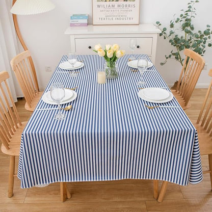 LIBERECOO Vinyl Tablecloth with Flannel Backing, Blue Stripe 60 x 84 Inch Rectangluar Tablecloths Stain-Resistant Waterproof Plastic Table Cover for Indoor/Outdoor