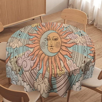 Retro Sun Moon Round Tablecloth Vintage Mystical Astrology Tarot Zodiac Galaxy Space Table Cloth Water Resistant Wipeable Table Cover for Farmhouse Picnic Party Holiday Kitchen Dinner Table 70"