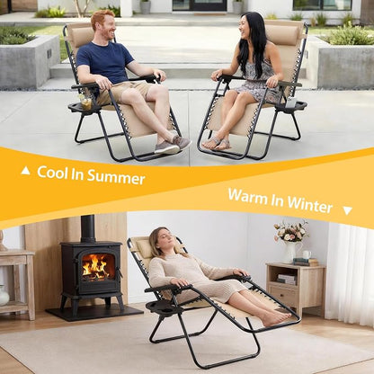 NEWBULIG Zero Gravity Chairs Set of 4, Folding Lounge Recliner Chair | Portable Lawn Camping Recliner with Adjustable Pollow, Mesh Back, Cup Holder Trays for Pool Beach Patio, Tan