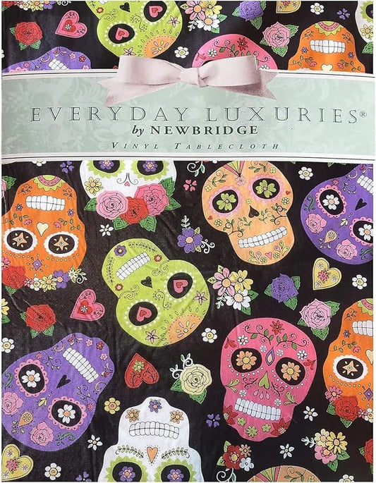 Newbridge Sugar Skull Rectangle Vinyl Tablecloth with Flannel Backing, Waterproof Wipe Clean Table Cover for Indoor Outdoor Kitchen Dining Use, Picnic and Barbecue, 60 x 84 Inch Rectangle