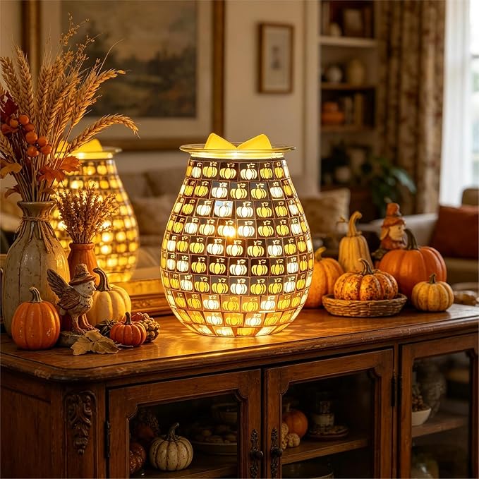 Dicimi Pumpkin Wax Melt Warmer, Handmade Mosaic Glass Wax Warmer with Flameless Night Light, Fast Heating Fall Harvest Decor, Cozy Home Ambiance