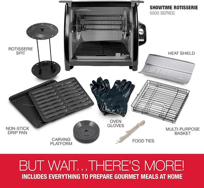 Ronco Showtime Large Capacity Rotisserie & BBQ Oven, Simple Switch Controls, Silicone Door Tie, Perfect Preset Rotation Speed, Self-Basting, Auto Shutoff, Includes Multipurpose Basket, black | Rotisserie chicken cooks perfectly, 3 functions - rotisseri...