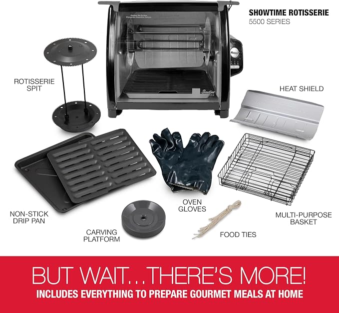Ronco 5500 Series Countertop Rotisserie Oven, 12-lb Capacity, Black | Rotisserie chicken cooks perfectly, 3 functions - rotisserie, sear, no-heat rotation; basket included; auto shutoff