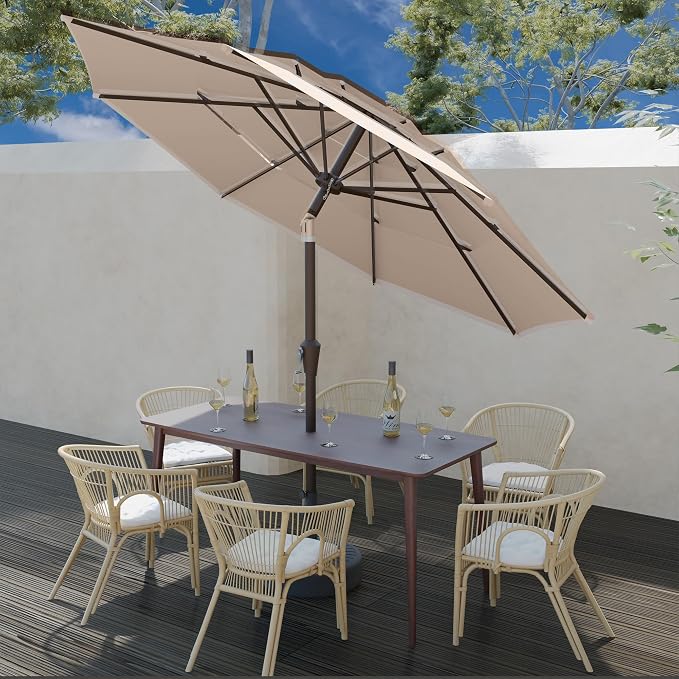 9FT 3 Tiers Patio Umbrella With Auto Tilt And Crank, Outdoor Table Market Umbrella with 8 Sturdy Ribs for Garden, Lawn, Deck, Backyard and Pool
