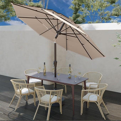 9FT 3 Tiers Patio Umbrella With Auto Tilt And Crank, Outdoor Table Market Umbrella with 8 Sturdy Ribs for Garden, Lawn, Deck, Backyard and Pool