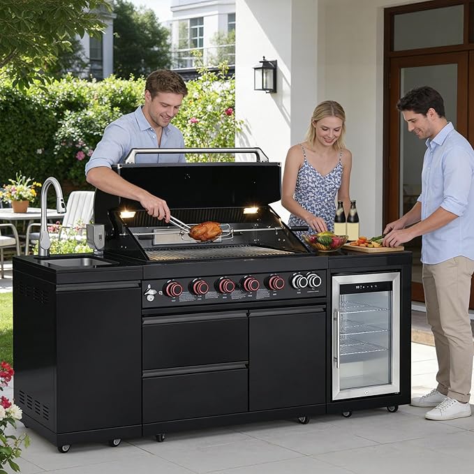83" All-in-One Outdoor Kitchen Island,6 Burner Modular Kitchen with Grill Station Cabinetry,304 Stainless Black Granite, Sink, Fridge, BBQ Set for Patios & Backyards (Black,83 IN-Fridge))