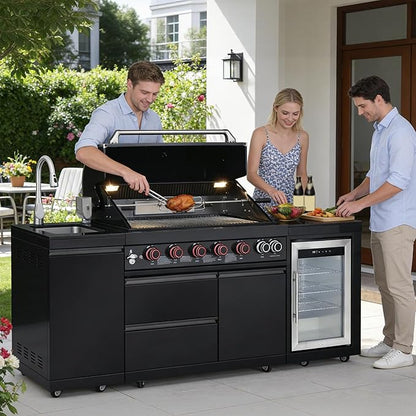 83" All-in-One Outdoor Kitchen Island,6 Burner Modular Kitchen with Grill Station Cabinetry,304 Stainless Black Granite, Sink, Fridge, BBQ Set for Patios & Backyards (Black,83 IN-Fridge))