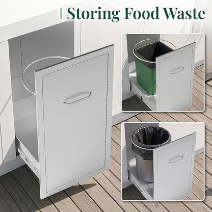 Jocisland Outdoor Kitchen Trash Drawer, 20" D×26" H×14" W, Stainless Steel | Handle and Pull-Out Tray, Built-in BBQ Island Storage