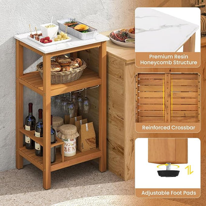 Giantex Acacia Wood Outdoor Side Table, Patio Buffet Cabinet Bar Table with Faux Marble Countertop, Glass & Wine Holders, Patio Storage Cabinet for Garden, Backyard, Kitchen
