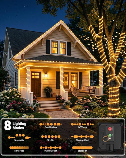 btfarm 2 Pack Solar Rope Lights Outdoor, Total 92FT 240LED Solar String Lights Outside Waterproof, 8 Lighting Mode Solar Powered Trampoline Light for Garden Tree Christmas Yard Party Decor, Warm White