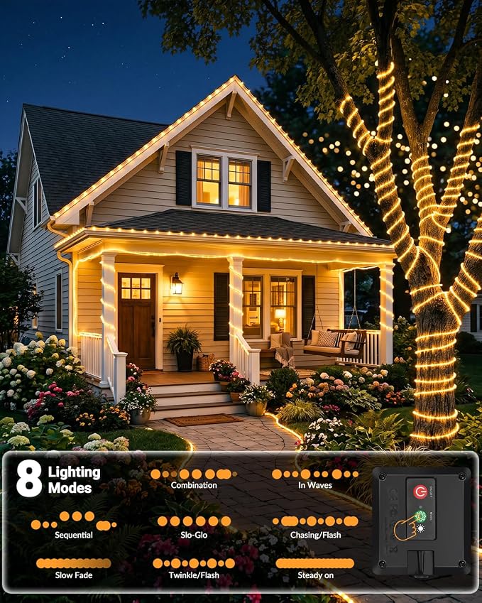 btfarm Solar Rope Lights, 60LED 20FT Solar String Lights Outdoor Waterproof, 8 Lighting Modes Solar Powered Strip Trampoline Light for Outside Garden Tree Christmas Yard Patio Decor, Warm White