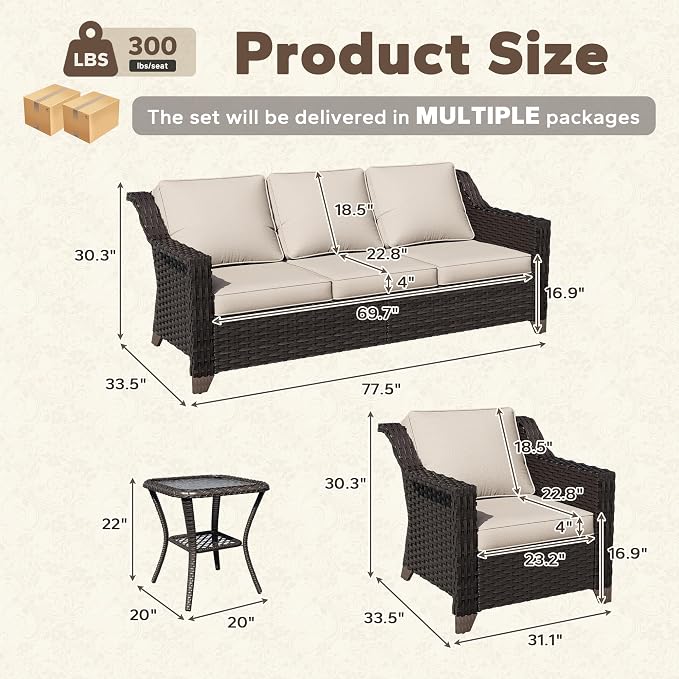 4 Piece Patio Furniture Set, Wicker Outdoor Conversation Set | Patio Chair Set with Olefin Removable Cushion, All-Weather Outdoor Couch with Deep Seat for Porch, Deck and Backyard, Beige