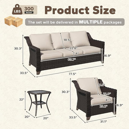 4 Piece Patio Furniture Set, Wicker Outdoor Conversation Set | Patio Chair Set with Olefin Removable Cushion, All-Weather Outdoor Couch with Deep Seat for Porch, Deck and Backyard, Beige
