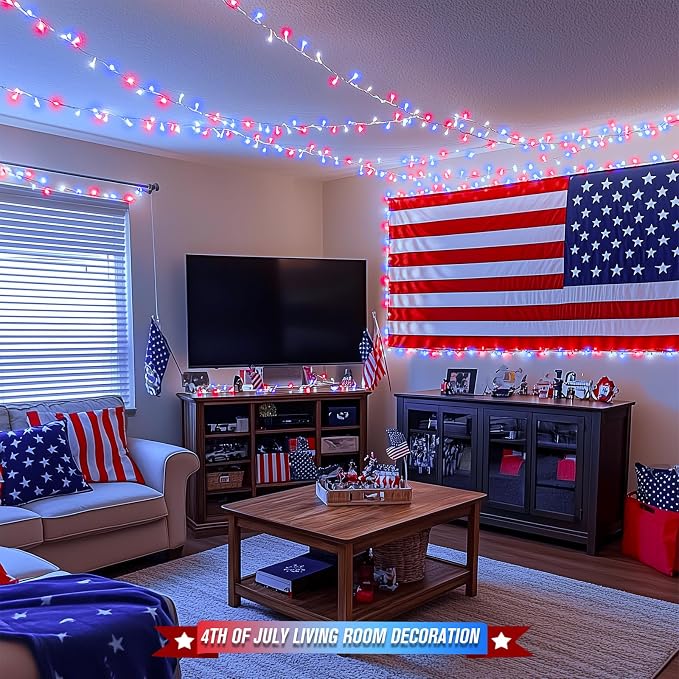 JMEXSUSS 400 LED Red White and Blue String Lights Outdoor, Plug in | 132FT 4th of July Lights Indoor, 8 Modes Patriotic String Light for Memorial Day Independence Day Decoration, with Remote