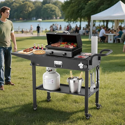VEVOR Outdoor Grill Cart, 31.0 x 17.0 inch Tabletop Size Grilling Table, Foldable Outdoor Cooking Table with Tissue Holder, Hooks, Wheels, Side Table, BBQ Prep Tables for Picnic, Kitchen, Courtyard