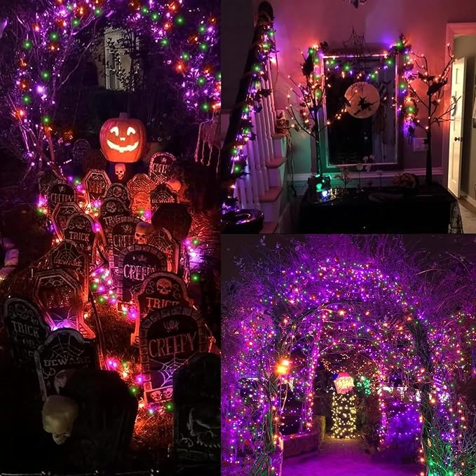 66ft Halloween Decorative Mini Lights, 200 LED Brown Wire Fairy Starry String Lights Plug in, 16 Lighting Modes for Halloween Outdoor Party Decoration (Orange/Purple/Green)