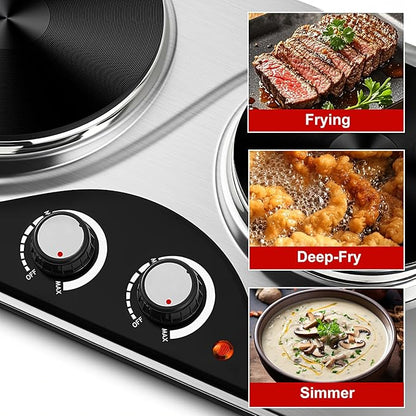 Double Burner, CUSIMAX Electric Hot Plate for Cooking, 1800 Watts Portable Countertop Burner, Cast Iron Hot Plates with Dual Adjustable Temperature, Easy to Clean, Sliver