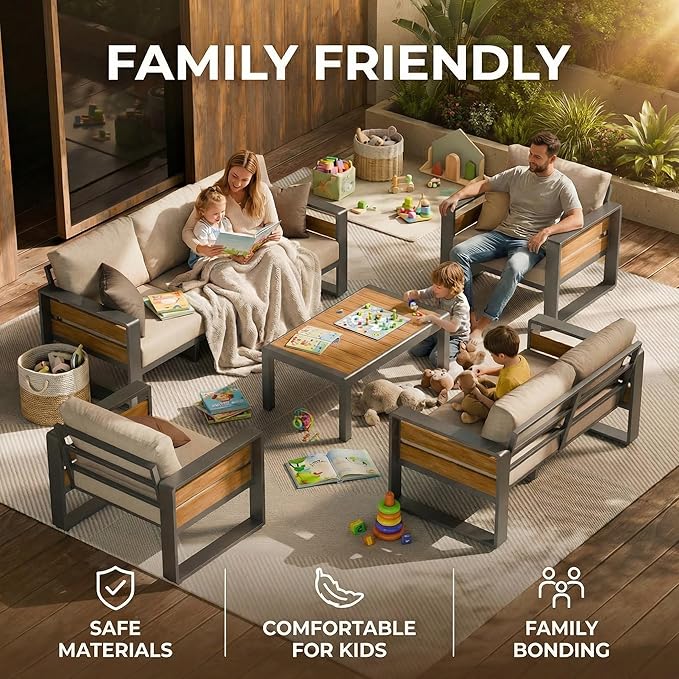 ZANDOR Aluminum Outdoor Patio Furniture Set with Table,7 Seat,Dark Gray | Rustproof,High weight capacity,Water-repellent,Washable Cover,All-Weather Resistant,Easy clean,for Poolside Backyard Deck