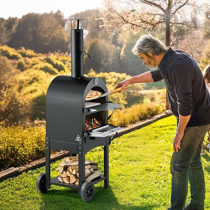 VEVOR Portable Outdoor Oven, 12-inch Stand Pizza Oven with Casters, Pellet & Chips & Charcoal & Firewood Four Fuel, Baked Paint Pizza Grill, Includes Pizza Stone, Pizza Shovel, for Camping & Backyard