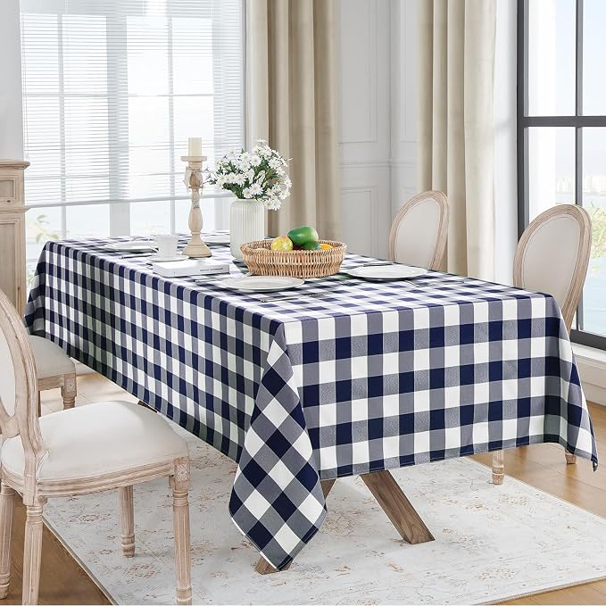 Softalker Gingham Checkered Tablecloth Rectangle - Outdoor Waterproof Buffalo Plaid Table Cloth, Stain Resistant Washable Table Cover for Picnic, Camping, Dining - Navy Blue and White, 60 x 120 Inch
