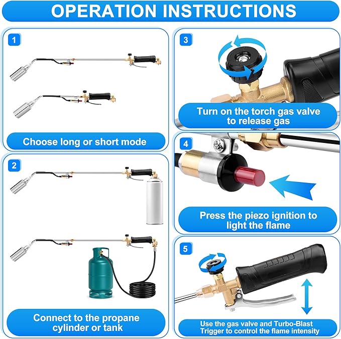 Propane Torch Weed Burner Kit, High Output with Long/Short Mode, Heavy Duty Blow Torch Flamethrower with 12.5FT Hose, Dual Fuel Support for Weed Burning, Melting Ice and Snow, Roofing and BBQ