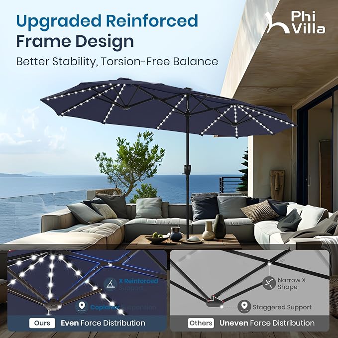 PHI VILLA 13ft Patio Umbrella w/ 120 PCS Color Changing Solar Lights, Navy | Outdoor Triple-Head Large Rectangle/Rectangular Solar-powered Market Table Umbrellas, w/ Crank Lift, for Poolside(No base)