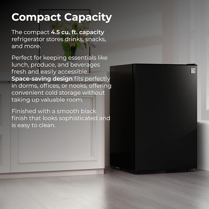 Kenmore 4.5 cu. ft. 21" Compact Refrigerator with Chiller - Black | 4 Can Rack, Adjustable Glass Shelving, Reversible Door, Interior Lighting, ENERGY STAR Certified