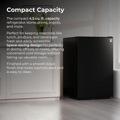 Kenmore 4.5 cu. ft. 21" Compact Refrigerator with Chiller - Black | 4 Can Rack, Adjustable Glass Shelving, Reversible Door, Interior Lighting, ENERGY STAR Certified