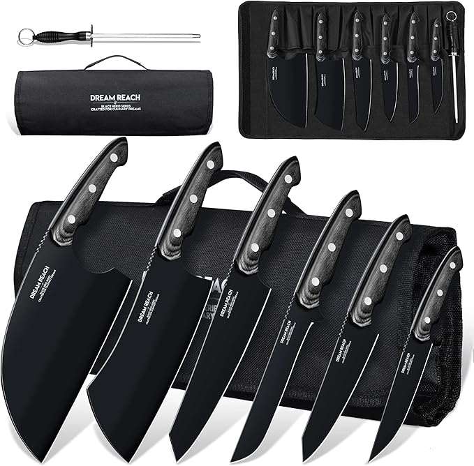 Dream Reach Chef Knife Set - 6PCS Hand Forged Black Butcher Knife Set for Meat Cutting, Serbian Cleavers with A Roll Bag for Kitchen Camping BBQ Outdoor, Birthday Mother Father Gift Idea