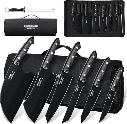 Dream Reach Chef Knife Set - 6PCS Hand Forged Black Butcher Knife Set for Meat Cutting, Serbian Cleavers with A Roll Bag for Kitchen Camping BBQ Outdoor, Birthday Mother Father Gift Idea