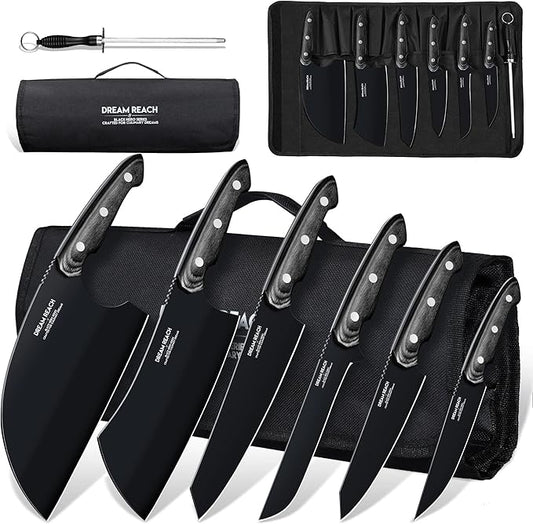 Dream Reach Chef Knife Set - 6PCS Hand Forged Black Butcher Knife Set for Meat Cutting, Serbian Cleavers with A Roll Bag for Kitchen Camping BBQ Outdoor, Birthday Mother Father Gift Idea