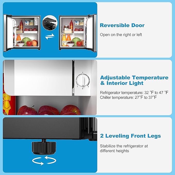 Walsh Compact Refrigerator, Single Door Mini Fridge, Energy Efficient, Adjustable Mechanical Thermostat with Chiller, Reversible Doors and Leveling Front Legs, 1.7 Cu Ft., Stainless Steel