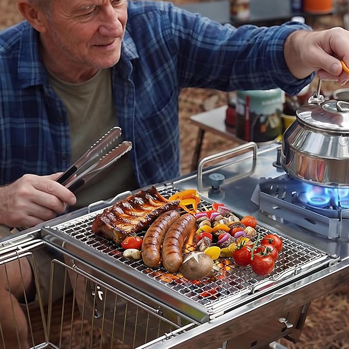 Camping Charcoal Grill for IGT Table, Folding Barbecue Grill with Tongs & Carry Bag, Portable BBQ Grill for Outdoor Car Camping Cooking Tailgating