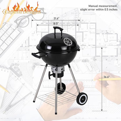 Captiva Designs 18-inch Kettle Charcoal BBQ Grill with Porcelain-Enameled Lid & Bowl, Thick Chromplated Grate, Slid Out Ash Catcher for Outdoor Cooking, Picnic, Patio, Backyard