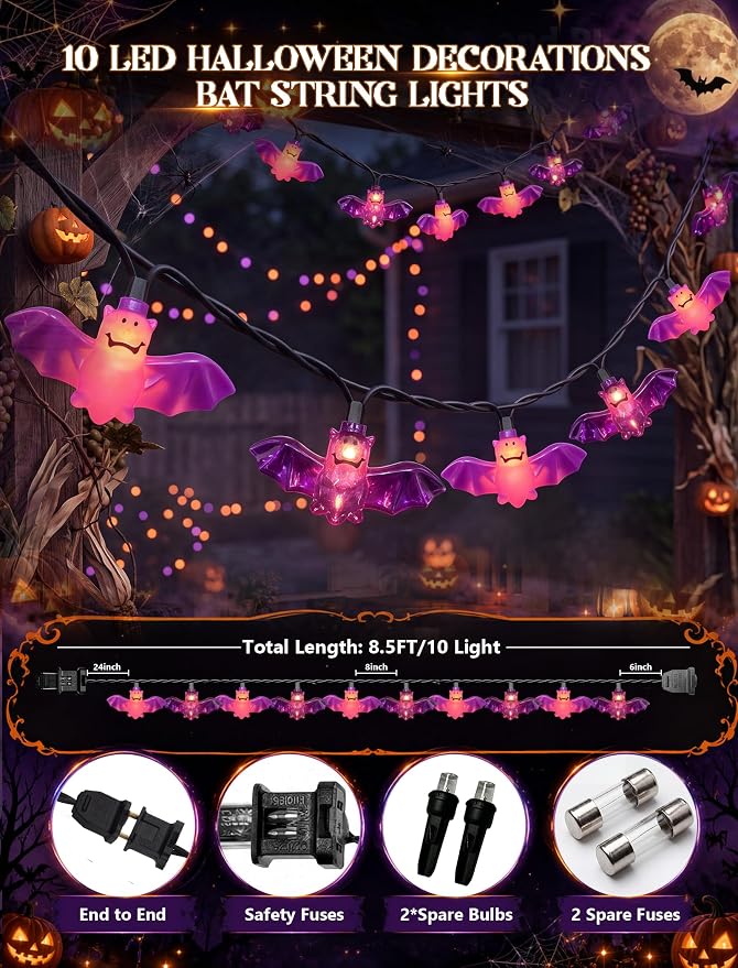 8.5Ft Halloween Bat String Lights Outdoor, 10 LED Purple Bat Decor Plug In | Shatterproof & Waterproof, End-to-end Connectable, Hanging Halloween Decoration for Home Patio Yard Party, 2700K Warm White