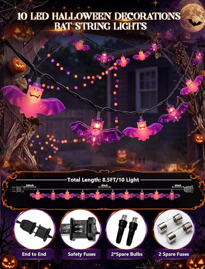 8.5Ft Halloween Bat String Lights Outdoor, 10 LED Purple Bat Decor Plug In | Shatterproof & Waterproof, End-to-end Connectable, Hanging Halloween Decoration for Home Patio Yard Party, 2700K Warm White