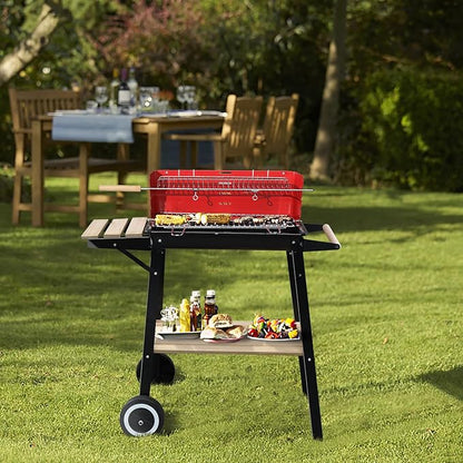 Portable Charcoal Grill with Side Table,Outdoor Barbecue Grill with Charcoal Tray & Wheels,Stainless Steel Charcoal Stove for Outdoor Backyard,Camping,Picnics,Patio and Parties