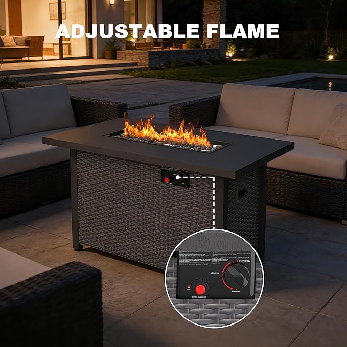 42 inch Propane Fire Pit Table, 50,000 BTU Outdoor Fire Pit Table with Steel Lid and High-Temp Lava Rocks, 2 in 1 Rectangle Gas Fire Pit Table for Garden/Patio Outside (42 inch, with Lava Rocks)