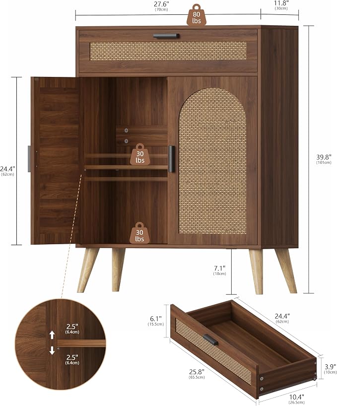 Keehusux Rattan Storage Cabinet with Drawer and 2 Doors, Walnut | Accent Sideboard Buffet Cabinet with Adjustable Shelf & Solid Wood Feets, Coffee Bar for Kitchen, Living Room, Entryway