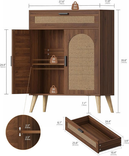 Keehusux Rattan Storage Cabinet with Drawer and 2 Doors, Walnut | Accent Sideboard Buffet Cabinet with Adjustable Shelf & Solid Wood Feets, Coffee Bar for Kitchen, Living Room, Entryway