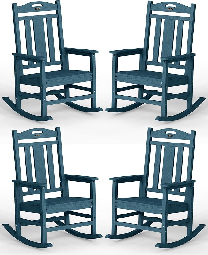 Ciokea Oversized Outdoor Rocking Chairs Set of 4, 380lbs Heavy-Duty Large Patio Rocker, High Back Cozy Porch Chairs, Weather Resistant Patio Rocking Chairs for Outside, Fire Pit, Deck, Slate Blue