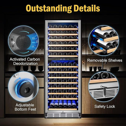 FoMup 24" 180-Bottle Dual Zone Wine fridge, Freestanding or Built-in | Sliding rail shelves, Reversible door, Professional cooling, Low noise, Glass door, Digital temp, Home or commercial use