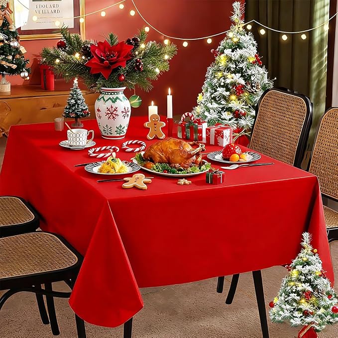SASTYBALE Red Vinyl Tablecloth with Flannel Backing, Waterproof PVC Tablecloths for Rectangle Tables, Plastic Wipeable Table Cloths for Daily, Holiday and Party Dinner(60 x 102 Inch)