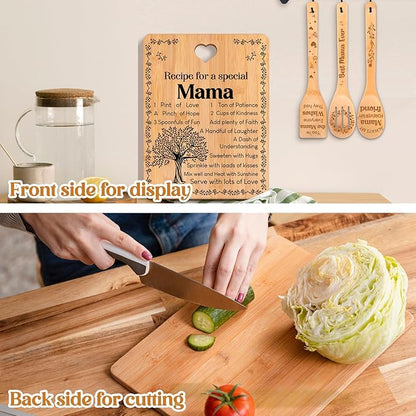Mama Gifts - "Recipe for a Special Mama" Mama Gifts for Women Cutting Board Set, Bamboo-Made Engraved Utensil Set Gifts for Mama Cutting Board, Mothers Day Gifts for Mama.