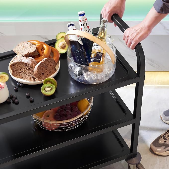 Black Stainless Steel Serving Cart, 3-Tier Rolling Utility Trolley (30"x16"x33"), Heavy Duty Painted Kitchen Cart on Wheels with Brakes, Commercial Grade for Restaurant, Hotel, Salon & Lab