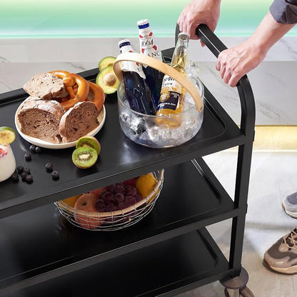 Black Stainless Steel Serving Cart, 3-Tier Rolling Utility Trolley (30"x16"x33"), Heavy Duty Painted Kitchen Cart on Wheels with Brakes, Commercial Grade for Restaurant, Hotel, Salon & Lab