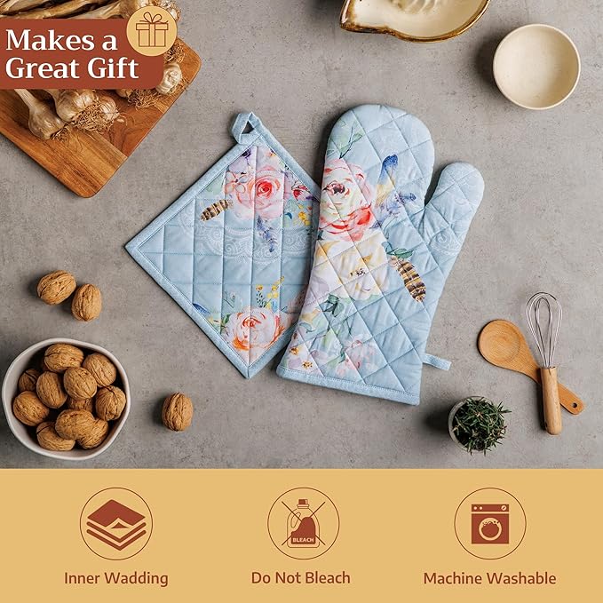 Maison d'Hermine Oven Gloves 100% Cotton Oven Mitt 7" x 13" with Loop Heat Resistant BBQ Cooking Gloves Baking Grilling Kitchen Hotel Home Farmhouse Spring Summer (Pack of 1, Ibiza - Blue)